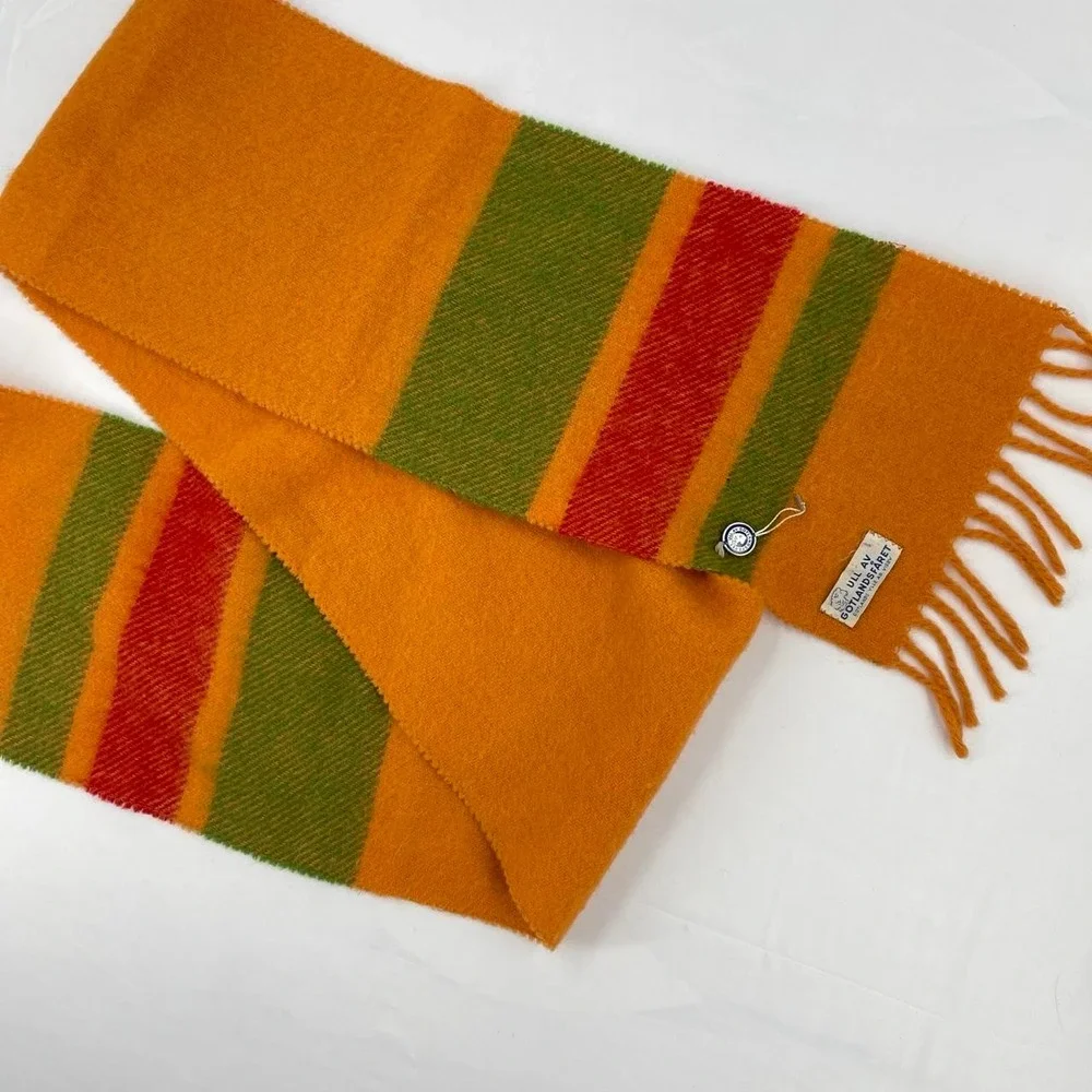Vintage 70s Swedish Wool Gotland Scarf New Orange Striped Tassel Fall Academia